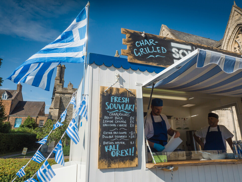 Blue and White Greek food stall